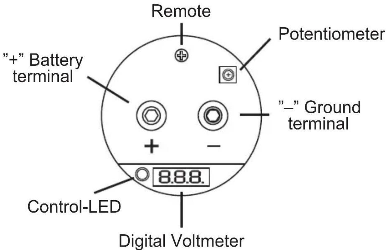 Remote "+" Battery terminal Potentiometer "—" Ground terminal Control-LED Digital Voltmeter 8.8.8.
