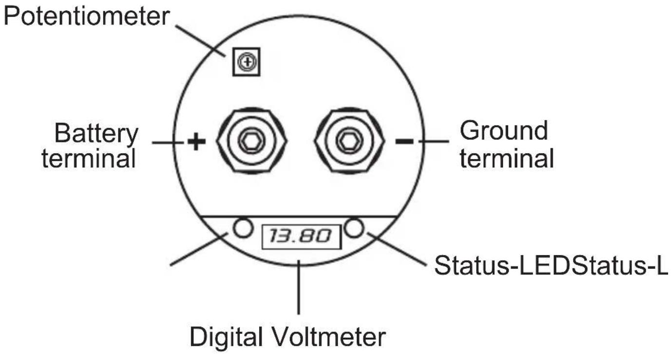 Potentiometer Battery terminal Ground terminal 13.80 Status-LEDStatus-L Digital Voltmeter