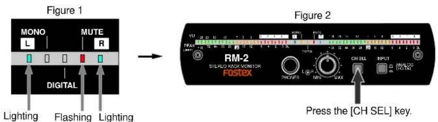 Figure 1 MONO L MUTE R DIGITAL Lighting Flashing Lighting Figure 2 RM-2 STUDIO PACK MONITOR FOSTEX PHONES L MIN MAX CH SEL INPUT ONALOG DIGITAL Press the [CH SEL] key.