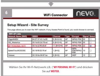 Setup Wizard - Site Survey WiFi AP Sites Network Name (SDD) BSSD App/BASE 04:27:37:43 1x85 OS, ServiceA 00:18:03:24.78 ns 01:16:02:27.98 ns 01:16:02:27.98 ns 01:16:02:27.98 ns 01:16:02:27.98 ns 01:16:02:27.98 ns 01:16:02:27.98 ns 01:16:02:27.98 ns Wireless 00:18:03:24.78 ns 01:16:02:27.98 ns 01:16:02:27.98 ns 01:16:02:27.98 ns 01:16:02:27.98 ns 01:16:02:27.98 ns 01/16:02:27.98 ns 01/16:02:27.98 ns 01/16:02:27.98 ns 01/16:02:27.98 ns 01/16:02:27.98 ns Wählen Sie Ihr Wi-Fi-Netzwerk z.B.: ("MY PERSONAL WI-FI") und drücken Sie auf WEITER. WiFi Connector AP WPAP-PSK WPAP-PSK WPAP-PSK WPAP-PSK WPAP-PSK WPAP-PSK WPAP-PSK WPAP-PSK WPAP-PSK WPAP-PSK WPAP-PSK
