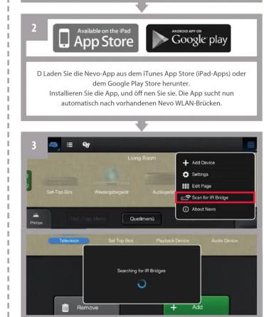 Available on the iPad App Store Google play D Laden Sie die Nevo-App aus dem iTunes App Store (iPad-Apps) oder dem Google Play Store herunter. Installieren Sie die App, und off nen Sie sie. Die App sucht nun automatisch nach vorhandenen Nevo WLAN-Brücken.