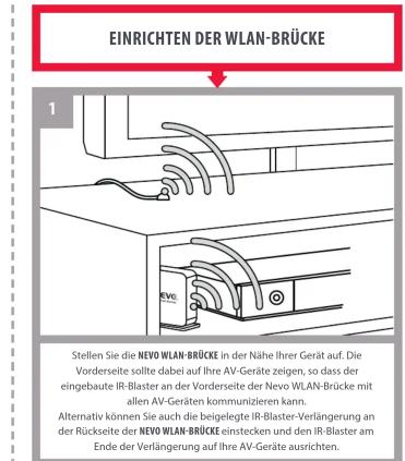 EINRICHTEN DER WLAN-BRÜCKE 1 Stellen Sie die NEVO WLAN-BRÜCKE in der Nähe Ihrer Gerät auf. Die Vorderseite sollte dabei auf ihre AV-Geräte zeigen, so dass der eingebaute IR-Blaster an der Vorderseite der Nevo WLAN-Brücke mit allen AV-Geräten kommunizieren kann. Alternativ können Sie auch die beigelegte IR-Blaster-Verlängerung an der Rückseite der NEVO WLAN-BRÜCKE einstecken und den IR-Blaster am Ende der Verlängerung auf ihre AV-Geräte ausrichten.