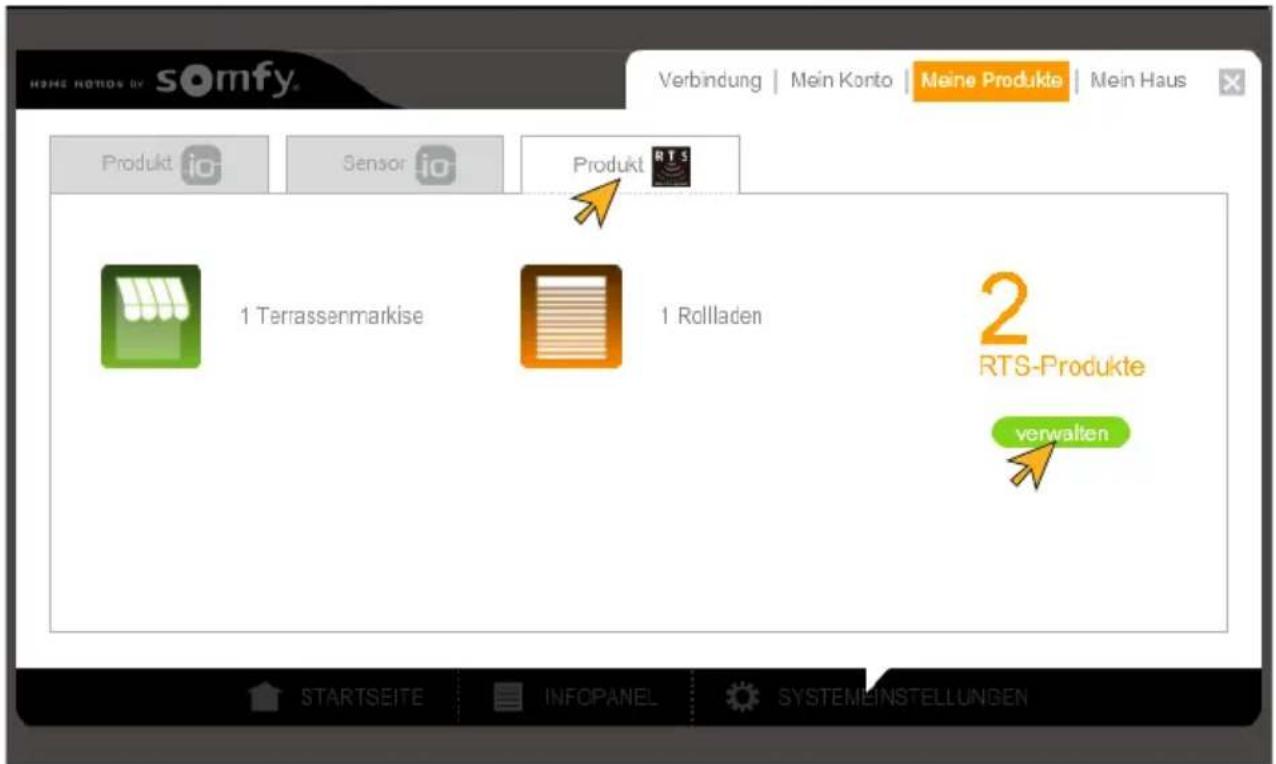 HOME NOTES BY somfy. Verbindung | Mein Konto | Meine Produkte | Mein Haus Produkt io Sensor io Produkt RTS 1 Terrassenmarkise 1 Rollladen 2 RTS-Produkte verwalten STARTSEITE INFOPANEL SYSTEMEINSTELLUNGEN