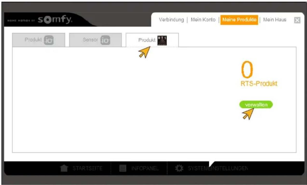 HOME MOTORS BY somfy. Verbindung | Mein Konto | Meine Produkte | Mein Haus Produkt io Sensor io Produkt 0 RTS-Produkt verwaffen STARTSEITE INFOPANEL SYSTEMEINSTELLUNGEN