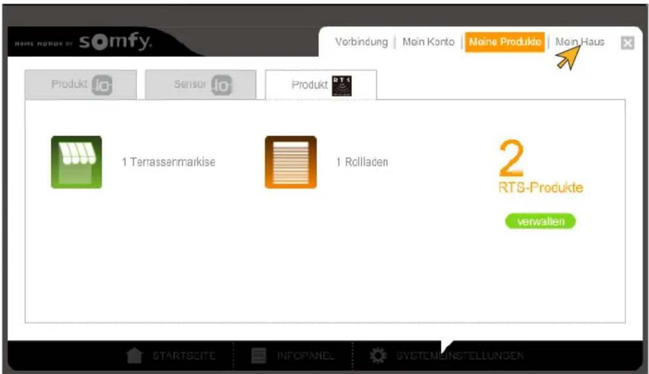 Home NOTICE BY somfy. Verbindung | Mein Konto | Meine Produkte | Mein Haus Produkt i0 Sensor i0 Produkt RTS 1 Terrassenmarkise 1 Rolliaden 2 RTS-Produkte verwalten STARTSEITE INFOPANEL SYSTEMEINSTELLUNGEN