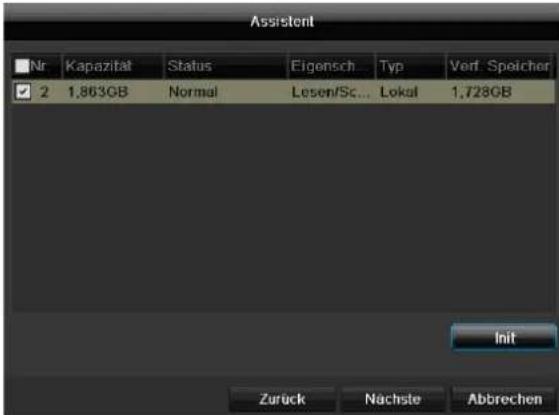 Assistent Nr Kapazität Status Eigensch Typ Verf Speicher 2 1,863GB Normal Lesen/Sc... Lokal 1,728GB Init Zurück Nachste Abbrechen