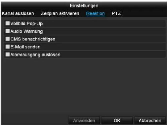 Einstellungen Kanal auslösen Zeitplan aktivieren Reaktion PTZ ■ Vollbild Pop-Up ■ Audio Warnung ■ CMS benachrichtigen ■ E-Mail senden ■ Alarmausgang auslösen Anwenden OK Abbrechen