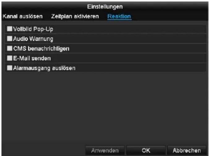 Einstellungen Kanal auslösen Zeitplan aktivieren Reaktion ■ Vollbild Pop-Up ■ Audio Warnung ■ CMS benachrichtigen ■ E-Mail senden ■ Alarmausgang auslösen Anwenden OK Abbrechen