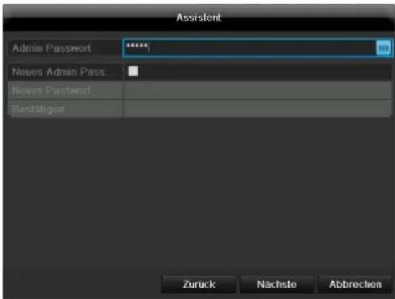Assistant Admin Password ***** Neues Admin Pass ... Notes Password Bestaligen Zuruck Nachste Abbrechen