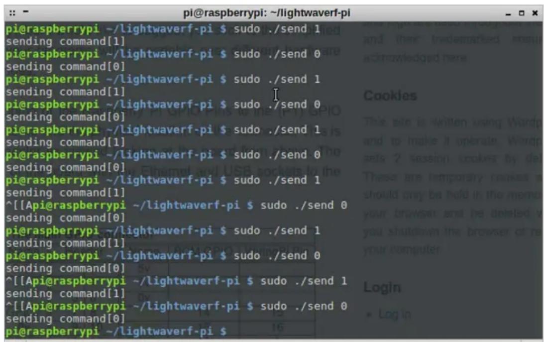 pi@raspberrypi ~/lightwaverf-pi $ sudo ./send 1 sending command[1] pi@raspberrypi ~/lightwaverf-pi $ sudo ./send 0 sending command[0] pi@raspberrypi ~/lightwaverf-pi $ sudo ./send 1 sending command[1] pi@raspberrypi ~/lightwaverf-pi $ sudo ./send 0 sending command[0] pi@raspberrypi ~/lightwaverf-pi…