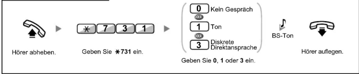 Hörer abheben. Geben Sie *731 ein. (Geben Sie 0, 1 oder 3 ein.) KSIN Gespräch ODER TON ODER Diskrete Direktansprache BS-Ton Hörer auflegen.