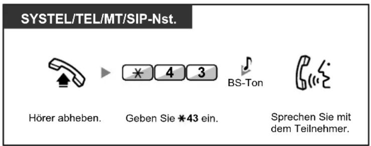 SYSTEL/TEL/MT/SIP-Nst. Hörer abheben. Geben Sie *43 ein. Sprechen Sie mit dem Teilnehmer.