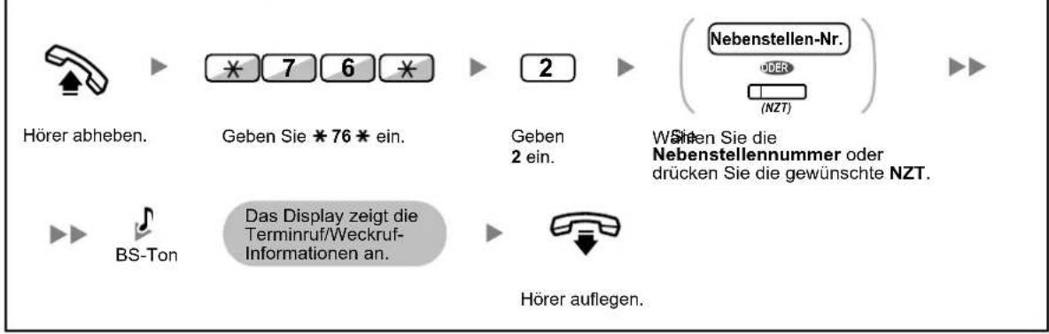 Hörer abheben. Geben Sie *76 * ein. Geben 2 ein. Wärten Sie die Nebenstellennummer oder drücken Sie die gewünschte NZT. Hörer abflegen. BS-Ton Das Display zeigt die Terminruf/Weckruf- Informationen an. Hörer auflegen.