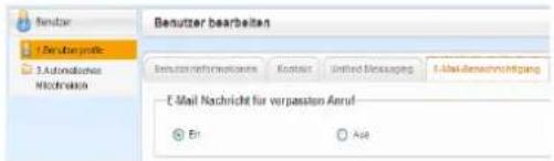 Benutzer bearbeiten 1. Denutzer yinde 2. Automatrischen Mischwirk E-mail Nachricht für verpassen Anruf Environnungen Kontext Unified Messaging E-mail-demachrichtigung Ei Air