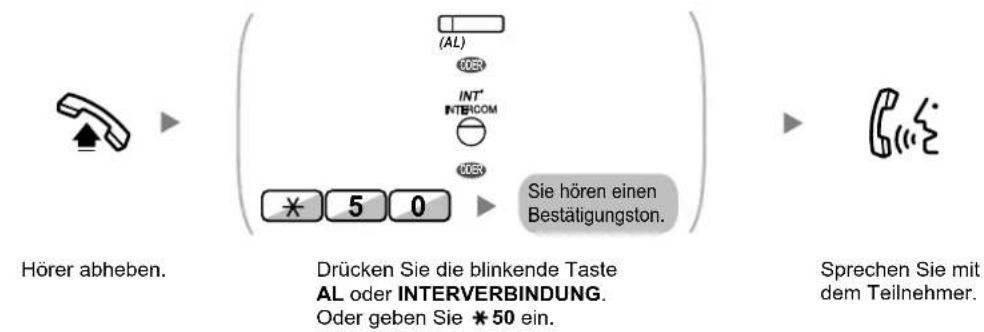 Hörer abheben. Drücken Sie die blinkende Taste AL oder INTERVERBINDUNG. Oder geben Sie ★50 ein. Sie hören einen Bestätigungston. Sprechen Sie mit dem Teilnehmer.