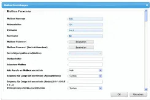 MatBox Parameters MatBox Name: 200 Subsystem: 101 Vorname: No.3 Rachname: 98 MatBox Password: Betriebsen MatBox Password (Nachristente): Betriebsen Bereinigungsklassen(MatBox): 1 Stellvertroter: Interview MatBox: Alle Ansatz an MatBox vermitteln: Not Sequence for Gespräch vermitteln (Auswahlbensis) System Sequence for Gespräch vermitteln (Ander) [0-8*] [0-8] F T.Y.,2 Verzügungszeit (Auswahlbensis) System OK Abbrevien