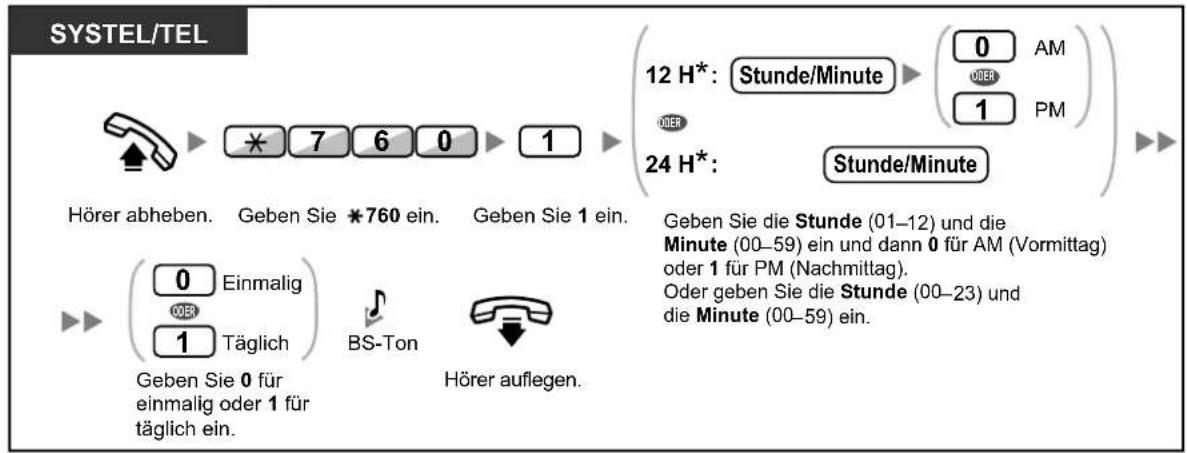SYSTEL/TEL Hörer abheben. Geben Sie 760 ein. Geben Sie 1 ein. 0 Einmalig 1 Täglich Geben Sie 0 für einmalig oder 1 für täglich ein. BS-Ton Hörer auflegen. 12 H*: Stunde/Minute 0 AM 00ER 1 PM 24 H*: Stunde/Minute Geben Sie die Stunde (01–12) und die Minute (00–59) ein und dann 0 für AM (Vormittag) oder 1 für PM (Nachmittag). Oder geben Sie die Stunde (00–23) und die Minute (00–59) ein.
