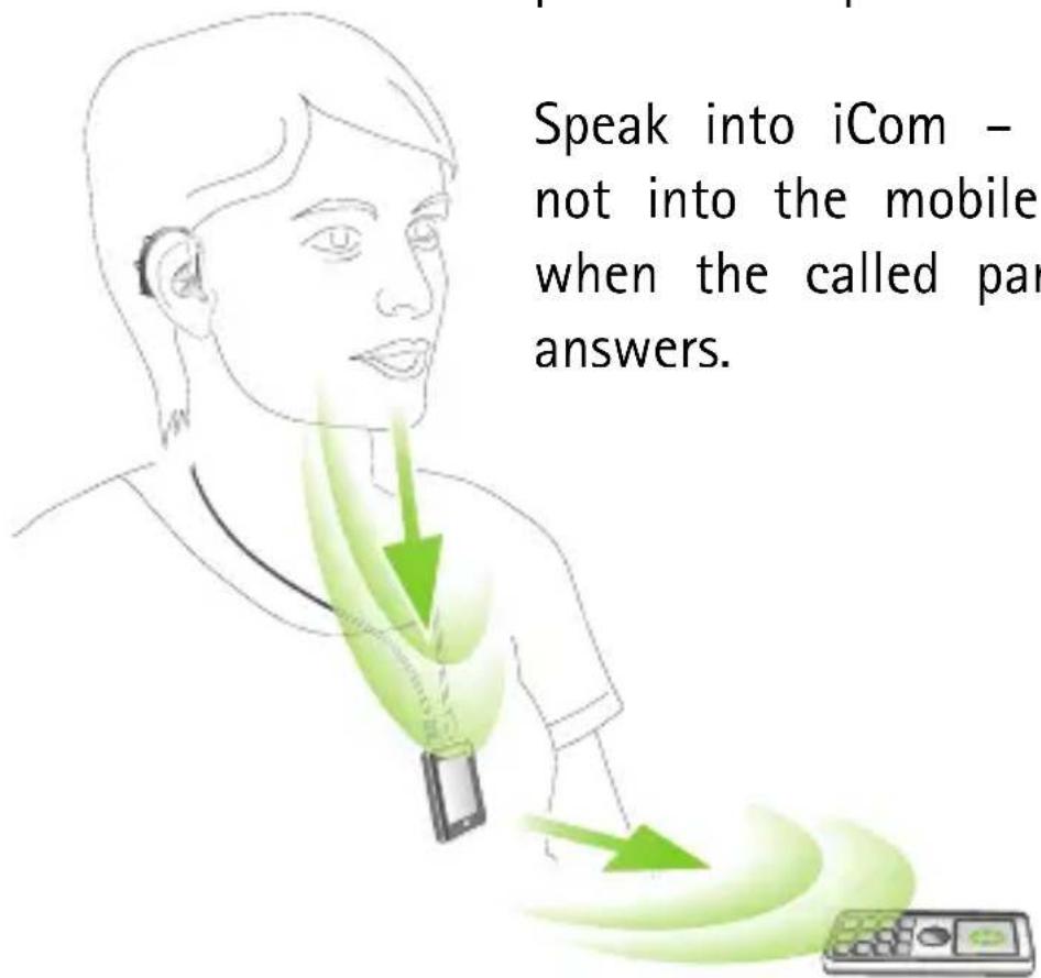 Speak into iCom - not into the mobile when the called par answers.