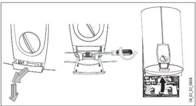 Technical diagram showing mechanical assembly steps with labeled components and directional arrows
