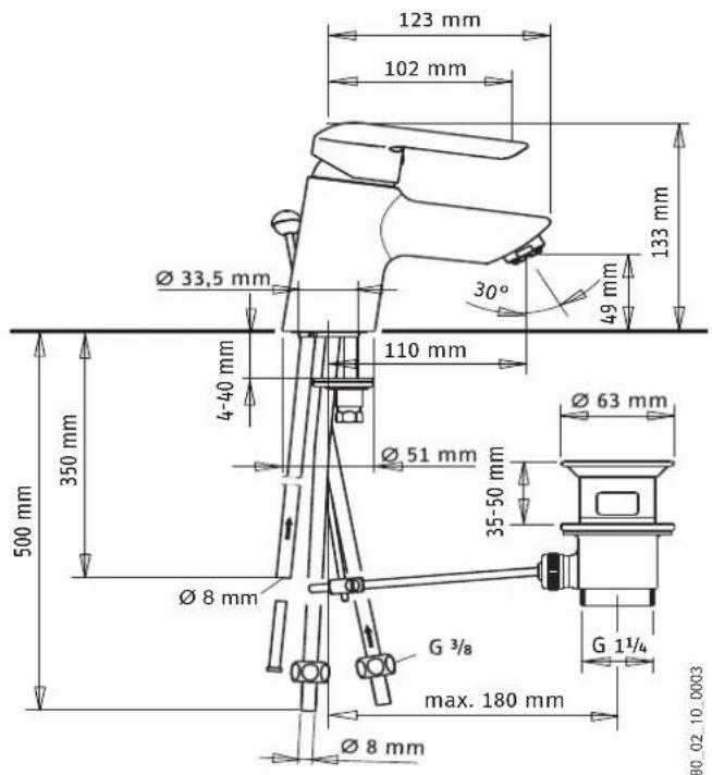 123 mm 102 mm Ø 33,5 mm 4-40 mm 110 mm 30° 49 mm 133 mm Ø 63 mm Ø 51 mm 35-50 mm Ø 8 mm G 3/8 G 1¼ max. 180 mm Ø 8 mm 500 mm 350 mm 80.02_10_0003