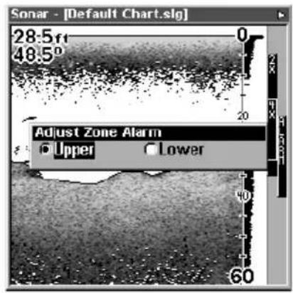 LOWRANCE LMS-320DF - To adjust and turn on the zone alarm: - 2