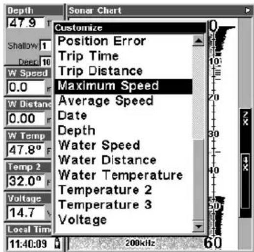 LOWRANCE LMS-320DF - Customizing the Digital Data/Chart Screen - 5