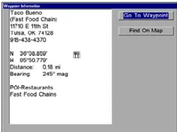 LOWRANCE GlobalMap 9200C - Category Selection menu (left); list of the nearest restaurants (right). - 1