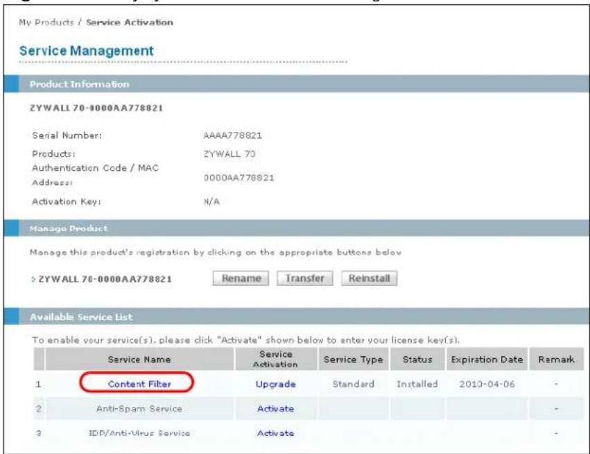 My Products / Service Activation Service Management Product Information ZYWALL 70-9000AA778821 Serial Number: AAAA778821 Products: ZYWALL 70 Authentication Code / MAC 0000AA778821 Address: N/A Activation Key: Manage Product Manage this product's registration by clicking on the appropriate buttons below > ZYWALL 76-0000AA778821 Rename Transfer Reinstall Available Service List To enable your service(s), please click "Activate" shown below to enter your license key(s). Service Name Service Activation Service Type Status Expiration Date Remark 1 Content Filter Upgrade Standard Installed 2010-04-06 - 2 Anti-Spam Service Activate - 3 IDP/Anti-Virus Service Activate -