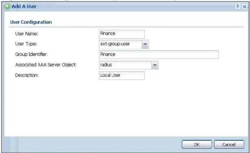 Add A User User Configuration User Name: Finance User Type: ext-group-user Group Identifier: Finance Associated AAA Server Object: radius Description: Local User OK Cancel