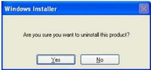 Windows Installer Are you sure you want to uninstall this product? Yes No