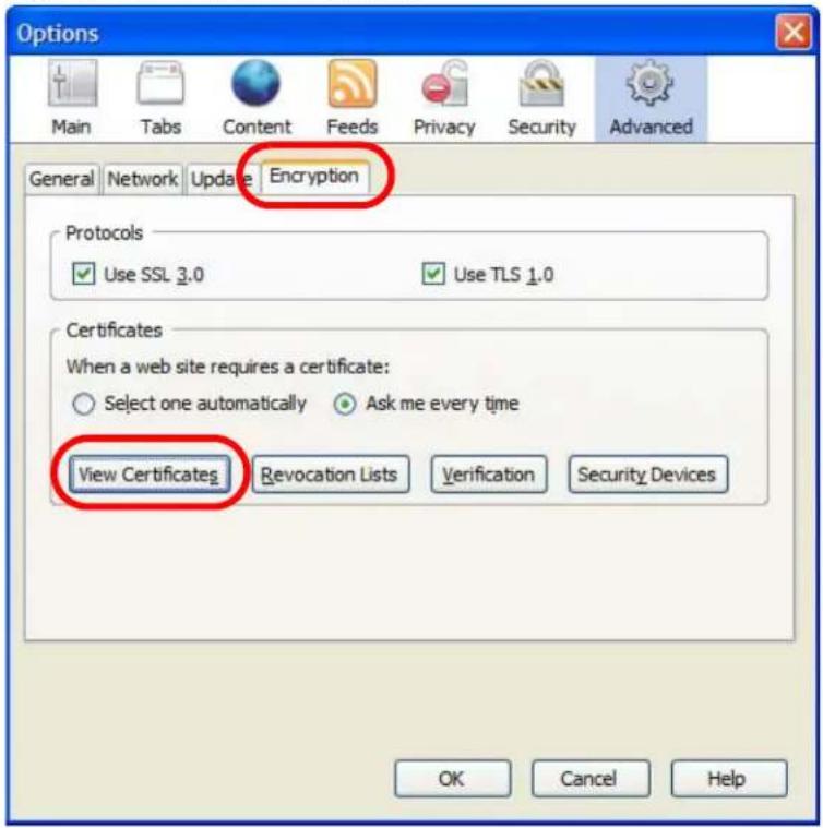 Options Main Tabs Content Feeds Privacy Security Advanced General Network Update Encryption Protocols Use SSL 3.0 Use TLS 1.0 Certificates When a web site requires a certificate: Select one automatically Ask me every time View Certificates Revocation Lists Verification Security Devices OK Cancel Help