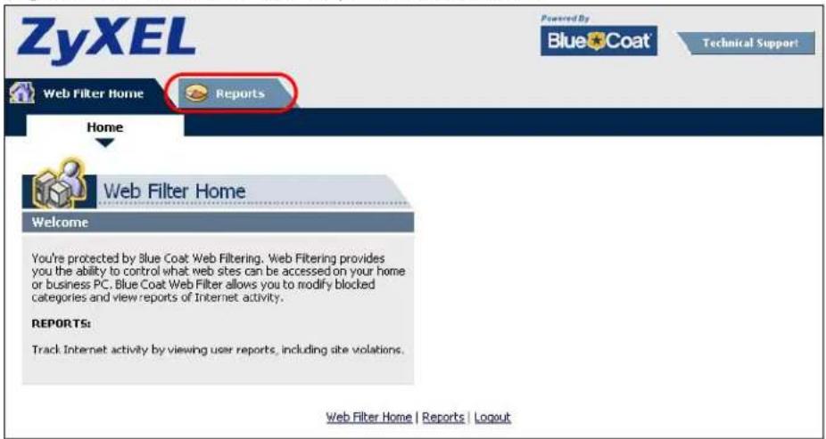 ZyXEL Powered By Blue Coat Technical Support Web Filter Home Reports Home Web Filter Home Welcome You're protected by Blue Coat Web Filtering. Web Filtering provides you the ability to control what web sites can be accessed on your home or business PC. Blue Coat Web Filter allows you to modify blocked categories and view reports of Internet activity. REPORTS: Track Internet activity by viewing user reports, including site violations. Web Filter Home | Reports | Logout