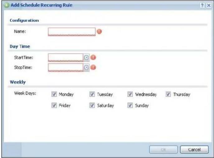 Add Schedule Recurring Rule Configuration Name: Day Time StartTime: StopTime: Weekly Week Days: Monday Tuesday Wednesday Thursday Friday Saturday Sunday OK Cancel