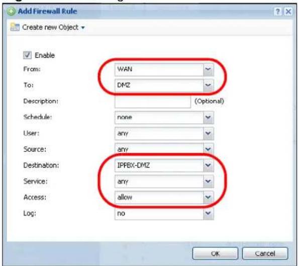 Add Firewall Rule Create new Object Enable From: WAN To: DMZ Description: (Optional) Schedule: none User: any Source: any Destination: IPFBX-DMZ Service: any Access: allow Log: no OK Cancel