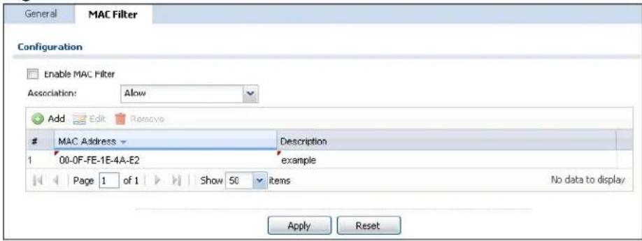 General MAC Filter Configuration Enable MAC Filter Association: Allow Add Edit Remove MAC Address Description 1 00-0F-FE-1E-4A-E2 example Page 1 of 1 Show 50 items No data to display Apply Reset