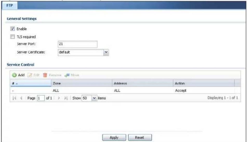 FTP General Settings Enable TLS required Server Port: 21 Server Certificate: default Service Control Add Edit Remove Move Zone Address Action ALL ALL Accept Page 1 of 1 Show 50 items Displaying 1 - 1 of 1 Apply Reset