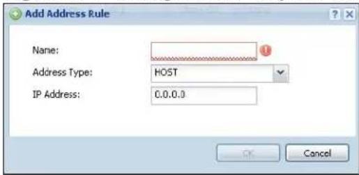 Add Address Rule Name: Address Type: HOST IP Address: 0.0.0.0 OK Cancel