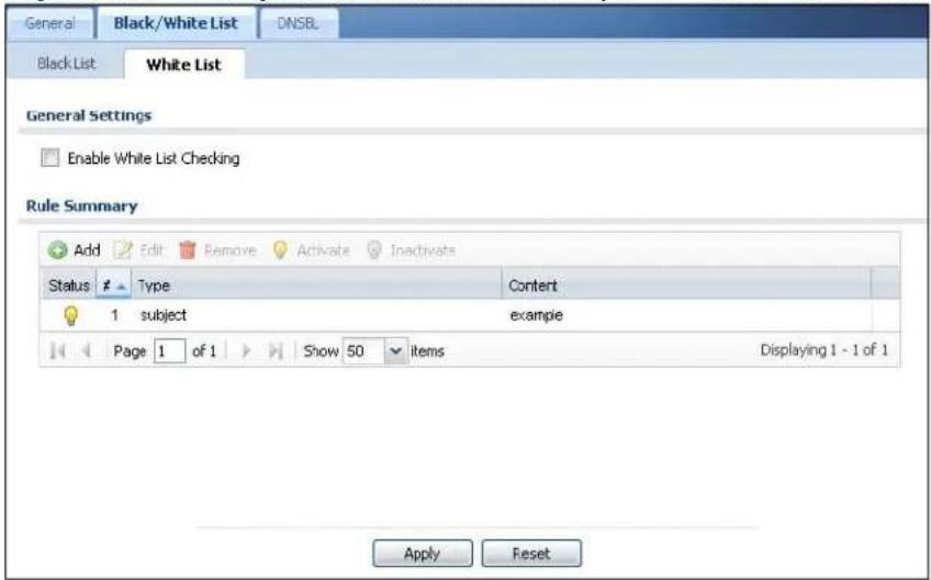 General Black/White List DNSBL Black List White List General Settings Enable White List Checking Rule Summary Add Edit Remove Activate Inactivals Status # Type Content 1 subject example Page 1 of 1 Show 50 items Displaying 1 - 1 of 1 Apply Reset