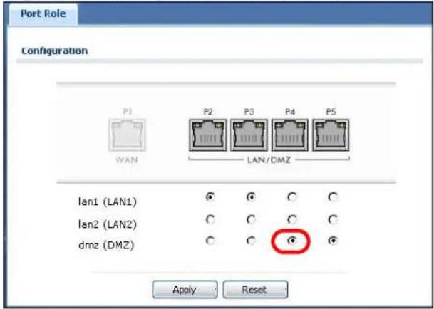 Port Role Configuration P1 P2 P3 P4 P5 WAN LAN/DMZ lan1 (LAN1) ○ ○ C C lan2 (LAN2) ○ C C C dmz (DMZ) ○ C ○ ○ Apply Reset