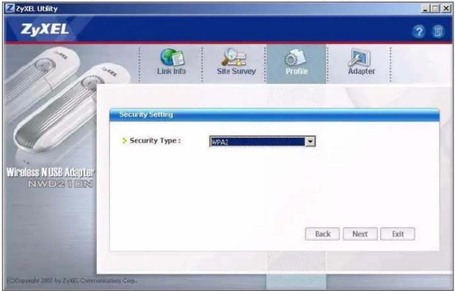 ZyXEL Utility ZyXEL Link Info Site Survey Profile Adapter Security Setting Security Type : WPA2 Back Next Exit ©Copyright 2017 by ZyXEL Communications Corp.