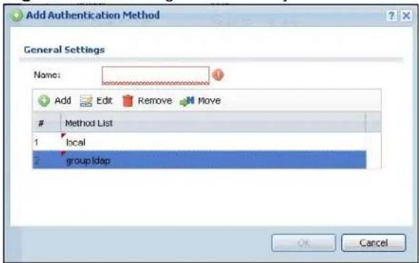 Add Authentication Method General Settings Name: Add Edit Remove Move Method List 1 local 2 group Idap OK Cancel