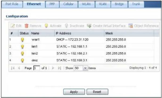 Port Role Ethernet PPP Cellular WLAN VLAN Bridge Trunk Configuration Edit Remove Activate Inactivate Create Virtual Interface Object Reference Status Name IP Address Mask 1 wan1 DHCP -- 172.23.31.120 255.255.255.0 2 Ian1 STATIC -- 192.168.1.1 255.255.255.0 3 Ian2 STATIC -- 192.168.2.1 255.255.255.0 4 dmz STATIC -- 192.168.3.1 255.255.255.0 Pages 1 of 1 Show 50 Items Displaying 1 - 4 of 4 Apply Reset