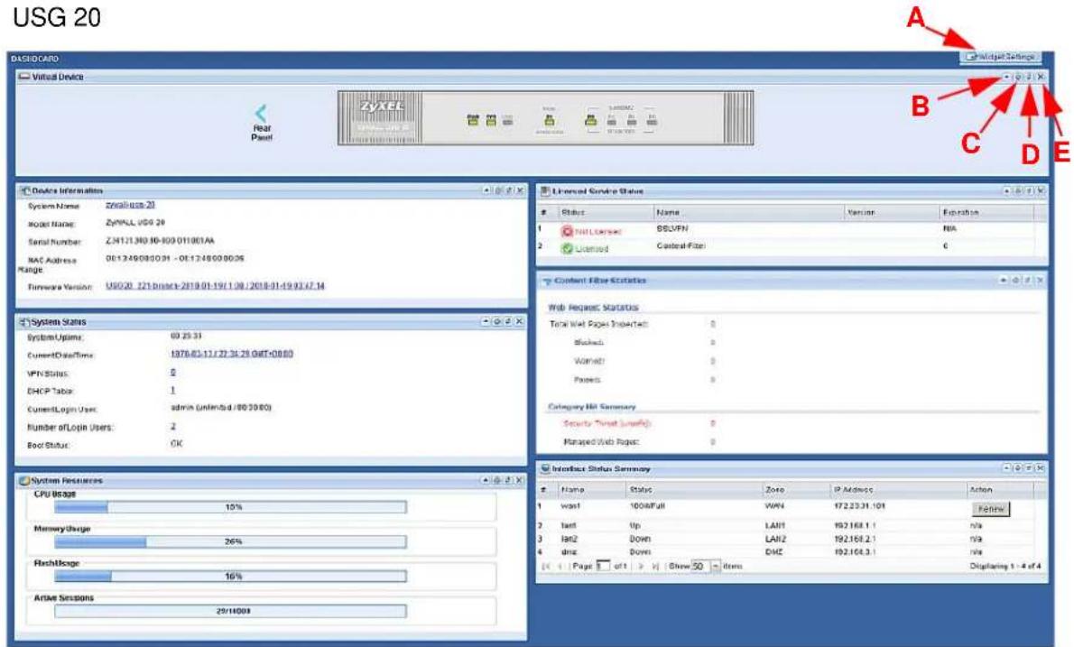 USG 20 DASH/CARD Virtual Device Rear Paxel ZYXEL SALADAM2 B C D E Device Information System Name: Zonalus-20 Model Name: ZyMLL USG 20 Serial Number: ZM121340 M0-809 011801AA MAC Address: 061.249080034 - 061.249090036 Range: Tfuware Version: USG20_221.brcsck-2018-01-19/1.08/2018-01-19 93.47.14 System Status SystemUpims: 60.25.31 CurrentDateTime: 1976.03-17/22:34:28 GMT+08:00 VPN Status: 0 DHCP Table: 1 CurrentLogin Users: admin(undenb.s /80 30:00) Number ofLogin Users: 2 Boot Status: OK System Resources CPU Usage: 15% Memory Usage: 26% ArchUsage: 16% ARM Sessions: 29/14/09 Liberal Service Status Subject Name Version Exploration 1 NLLORSEK SSLVPN NA 2 Unread Castotal Fizen 6 Content File Statistics Web Request Status: Total Web Pages IncludeText: 0 Blocked: 0 Written: 0 Pages: 0 Category Hit Summary Security Touch Status: 0 Managed Web Page: 0 Interface Status Summary Name Status Zone IP Address Action word 100%Full VPN 172.23.31.101 Refresh test Up LAN1 192.168.1.1 n/a lat2 Down LAN2 192.168.2.1 n/a dna Down DMC 192.168.3.1 n/a Page 5 of 1 Show 50 items Disiplaining 1 - 4 of 4