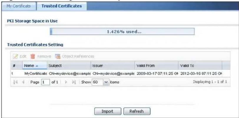 My Certificate Trusted Certificates PKI Storage Space in Use 1.426% used... Trusted Certificates Setting Edit Remove Object References Name Subject Issuer Valid From Valid To 1 MyCertificate CN-mydevice@example CN-mydevice@example 2009-03-17 07:11:25 OK 2012-03-16 07:11:25 OK Page 1 of 1 Show 50 items Displaying 1 - 1 of 1 Import Refresh
