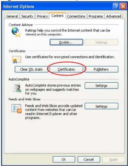 Internet Options General Security Privacy Content Connections Programs Advanced Content Advisor Ratings help you control the Internet content that can be viewed on this computer. Enable... Settings Certificates Use certificates for encrypted connections and identification. Clear SSi. state Certificates Publishers AutoComplete AutoComplete stores previous entries on webpages and suggests matches for you. Settings Feeds and Web Slices Feeds and Web Slices provide updated content from websites that can be read in Internet Explorer and other programs. Settings OK Cancel Apply