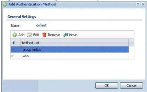 Add Authentication Method General Settings Name: default Add Edit Remove Move Method List 1 group radius 2 local OK Cancel