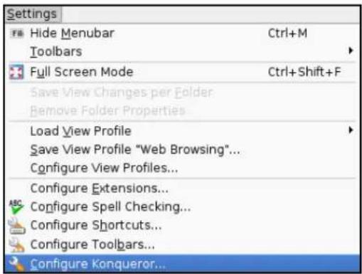 Settings Hide Menubar Ctrl+M Toolbars Full Screen Mode Ctrl+Shift+F Save View Changes per Folder Remove Folder Properties Load View Profile Save View Profile "Web Browsing"... Configure View Profiles... Configure Extensions... Configure Spell Checking... Configure Shortcuts... Configure Toolbars... Configure Konqueror...