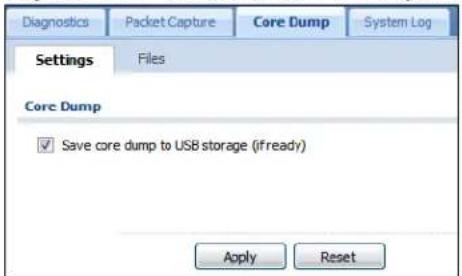 Diagnostics Packet Capture Core Dump System Log Settings Files Core Dump ✓ Save core dump to USB storage (ifready) Apply Reset