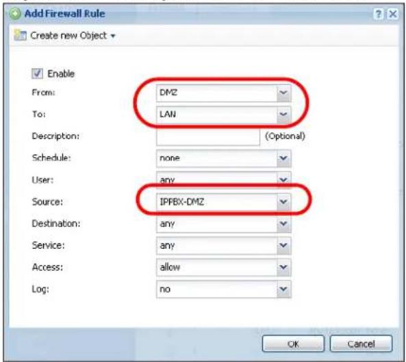 Add Firewall Rule Create new Object Enable From: DMZ To: LAN Description: (Optional) Schedule: none User: any Source: IPFBX-DMZ Destination: any Service: any Access: allow Log: no OK Cancel