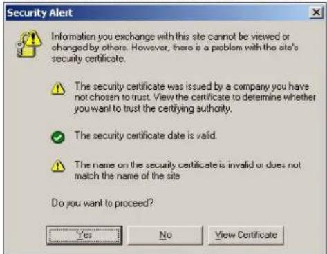 Security Alert Information you exchange with this site cannot be viewed or changed by others. However, there is a problem with the site's security certificate. The security certificate was issued by a company you have not chosen to trust. View the certificate to determine whether you want to trust the certifying authority. The security certificate date is valid. The name on the security certificate is invalid or does not match the name of the site Do you want to proceed? Yes No View Certificate